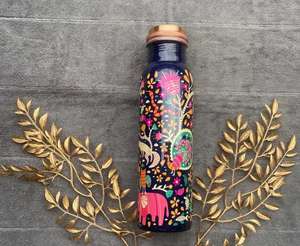 Floral enamel art copper water <b>bottle</b> with <b>vintage</b> inspired design and handcrafted detail made for stylish hydration routines - Product Image 1