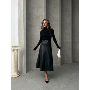 Jupe Ceinturée en Similicuir Noir TOPSHOW pour Femme, Motif Uni, Idéale pour Tenue Décontractée et Style Bureau - Product Image 3