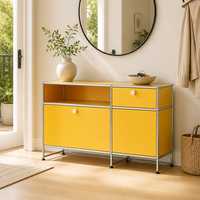 Buffet Modulaire Jaune en Acier avec Cadre Chromé, Meuble de Rangement Bas pour Salon, Console Multimédia