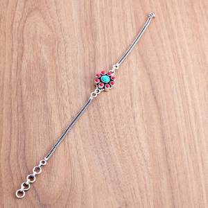 Bracelet fin en argent sterling 925 avec pierres précieuses multiples turquoise et corail, cadeau pour elle - Product Image 4