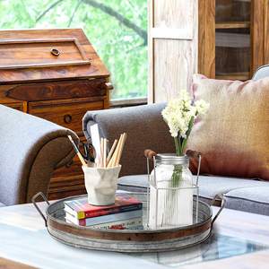 Plateau de service rond galvanisé rustique en métal avec poignées pour servir de la nourriture et des boissons pour les fêtes Fournitures pour la maison et les hôtels - Product Image 5