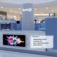 Kiosco de Fragancias Azul Personalizado con Torre de Marca Iluminada y Sofá de Consulta, Set Completo de Lujo para Exhibición de Perfume Oud en Centros Comerciales