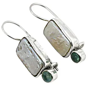 Boucles d'oreilles pendantes en argent 925 avec perle d'eau douce et émeraude pour femmes, style fleur vintage, plaqué or - Product Image 1