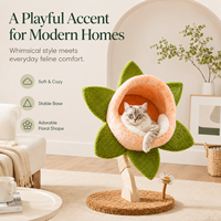 Arbre à chat botanique en forme de fleur, avec perchoir en peluche et décorations en feuilles, en MDF écologique et polaire, durable, facile à assembler, pour intérieur, emballage carton