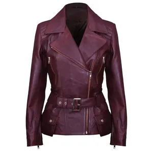 Veste moto en cuir véritable pour femme, col ouvert, manches longues, fermeture éclair, couleur unie, coupe classique, automne - Product Image 1