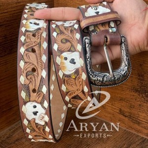 ใหม่สไตล์ตะวันตกจริงของแท้มือเครื่องมือหนังดอกไม้สีเข็มขัดคุณภาพสูงหนังทําด้วยมือเข็มขัดเอว Unisex - Product Image 1