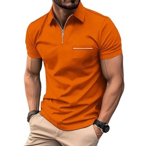 Men's <b>Orange</b> Short Sleeve Knitted <b>Polo</b> Shirt With Zipper Collar And Chest Pocket Casual Style - Product Image 1