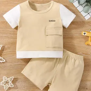 高品质新生儿婴儿服装套装2022/最优惠价格婴儿双人套装/婴儿彩色块翻盖口袋t恤和短裤
