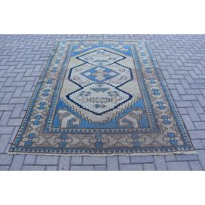 Tapis en laine turque Vintage bleu Beige classique 5.5x7.1 pieds Design Patchwork fait à la main pour salon Rectangle couloir abstrait Latex - Product Image 1