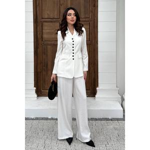 Ecru Office Lady Solid Button 2 Piece Long Jacket and Trousers <b>Set</b>-Breathable - Product Image 2