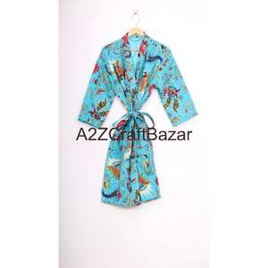 Robe kimono courte vintage faite à la main pour femmes, imprimé floral de luxe, 100% coton, col en V, manches longues, fermeture à cordon, douce - Product Image 5