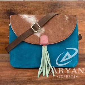 Handcrafted Hair on Cowhide Colorful Suede Leather Crossbody Shoulder <b>Bags</b> for Women Sustainable Recycled Leather <b>Tassel</b> Handbag - Product Image 1