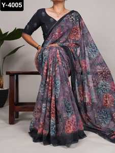 Dernières femmes fantaisie ethnique Georgette Sari avec chemisier Bollywood imprimé pour fête et festival porter style indien et pakistanais - Product Image 4