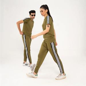 Wholesale High Quality Winter <b>Women</b> Olive Green 100% Cotton Tracksuit Set with Side <b>Stripes</b> T-Shirt and <b>Trousers</b> Set - Product Image 5