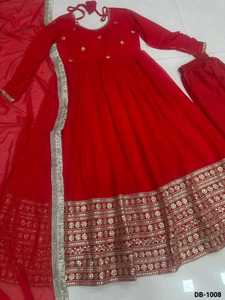 Robes Anarkali rouges prêtes à porter de style indien et pakistanais les plus belles avec broderie, séquence, zari et travail de codding - Product Image 5