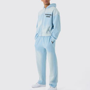 Premium personalizado impreso Logo 100% algodón polar ligero invierno chándales Sun Faded Zip sudaderas con capucha Pantalones rectos hombres - Product Image 4