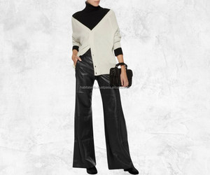 Women Black Leather Loose Fit Pants Genuine Wide Leg Trousers High Quality Leather Bottoms Soft Lambskin Leather Pants for Women - Product Image 2
