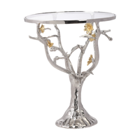Mobilier décoratif moderne pour la maison Table d'appoint de luxe avec plateau en verre arrondi et support d'angle au design dernier cri