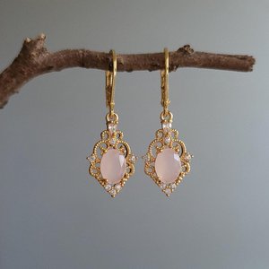Rose Quartz Oval Charm Huggie Hoop 925 Silver Gold Plated Earrings Vintage Style Earrings Gift for Her Quartz Earrings - Product Image 5