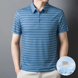 เสื้อโปโลแขนสั้นแบบสวมหัวลายทางสีตัดกันสำหรับผู้ชายเสื้อยืดสำหรับวันหยุดพักผ่อนแบบทางการเสื้อคอปกสองชั้นแบบเปิดลง - Product Image 2