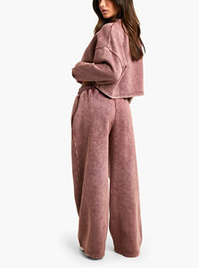 100% cotton acid wash <b>ladies</b> tracksuit custom puff printed logo 2 pcs cropped sweatshirt & baggy <b>trouser</b> set fot women's - Product Image 3