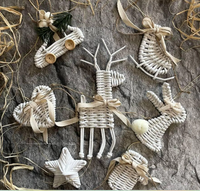 Ensemble d'ornements de Noël en paille naturelle tissée à la main, décoration suspendue en rotin rustique pour Noël