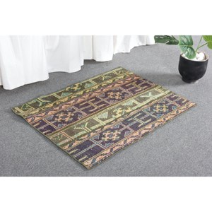 Vintage 2x2.7ft Vert Brun Laine Tapis Grande Surface Turc Classique Style Abstrait Rectangle Motif Couloir Soutenu Latex pour Chambres - Product Image 4