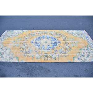 Tapis en laine turque vintage 4.4 'x 9' tissage plat classique en jaune et bleu pour décorations de salon ou de couloir - Product Image 3