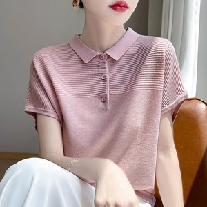 เสื้อยืดผู้หญิงผ้าถักเนื้อละเอียดใหม่เสื้อสเวตเตอร์ลำลองแขนสั้นเสื้อโปโลเสื้อเบลาส์เสื้อผ้าสตรีเสื้อทรงหลวมฤดูร้อน - Product Image 5