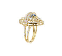 Anillo de Zafiro Azul para Mujer, Oro Amarillo de 14K, Gema Ovalada, Diamantes, Diseño de Escudo, Estilo Cóctel, Encaje Ornamentado, Mandala, Regalo Vintage