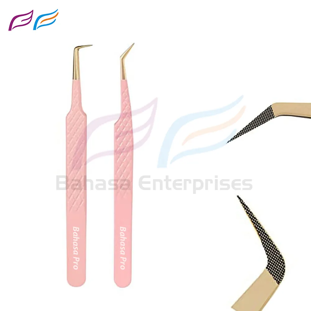 Private Label 45 pinzette con punta a forma di fibra a 90 gradi pinzette per extension per ciglia rosa rosa con punta oro di bahasa pro