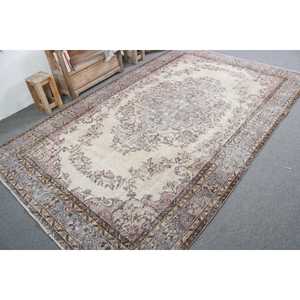 Vintage Turkish Large Rug 6x9.7 ft, <b>Brown</b> Gray Bordered <b>Wool</b> Rug - Product Image 2