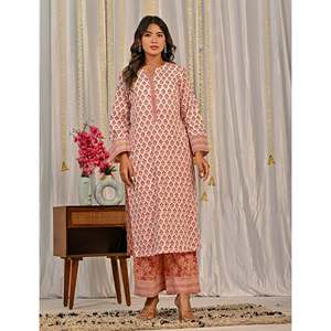 Ensemble Kurta et pantalon en coton imprimé à blocs blancs et rouges pour un usage quotidien - Product Image 5