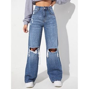 <b>Funky</b> Stylish Modern Denim Blue Womens Straight Leg High Waist Eco Friendly Breathable 100% Cotton Loose Fit Vintage Summer - Product Image 6
