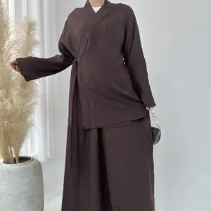 3458 Kuwii üretici tedarik müslüman kadın Dubai yeni 2024 yaz moda uzun kollu gömlek pantolon takım 2 parça Abaya seti