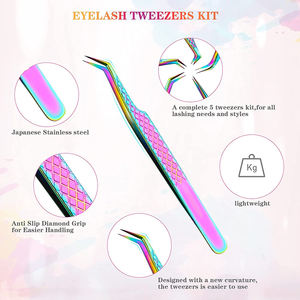 ชุดแหนบขนตาปลอมแบบปลายโค้งตรง5ชิ้นแหนบเคลือบไทเทเนียมที่ดีที่สุดสีรุ้ง - Product Image 2