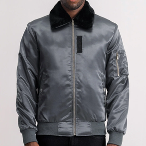 Blouson Bomber Unisexe Gris Hiver Chaud Col en Fausse Fourrure Rembourré Style Aviateur Streetwear Finition Satinée Vente en Gros - Product Image 1