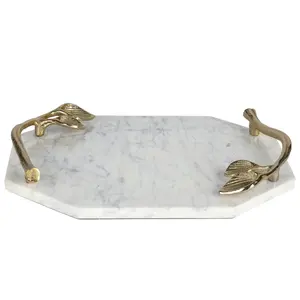 Plateau de service en marbre blanc de luxe, nouveaux plateaux de Table de haute qualité, vente en gros, plateau en marbre avec poignée en forme de fleur - Product Image 3