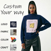 Pull en tricot pour femme tendance avec motif personnalisé, imprimé dessin animé « Cheese Please », doux et chaud, bleu marine