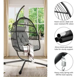 Silla Colgante Moderna Tipo Huevo con Soporte, Hamaca de Mimbre para Exteriores con Cojines, Capacidad de 330 lb, Color Gris Oscuro (Soporte Incluido) para Patio o Parque - Product Image 3