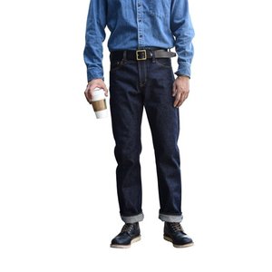 Jeans pour homme en coton 100% respirant, coupe droite, coupe régulière, taille mi-haute, denim sanforisé, ourlet brut, bouton, hiver, 18 oz - Product Image 1