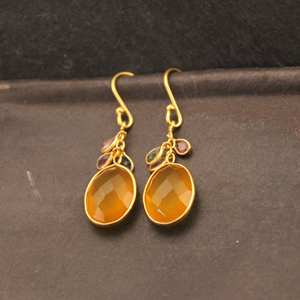 ต่างหูเงินแท้ 925 ชุบทองคำแบบคลาสสิก ประดับด้วยพลอยแคลเซโดนีสีเหลืองและทัวร์มาลีนทรงหยดน้ำ งานแฮนด์เมดสำหรับผู้หญิง - Product Image 4