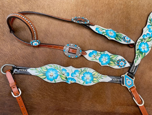 Belle bride de cheval occidental en cuir respirant ensemble fleurs peintes à la main collier de poitrine décoratif tête Logo personnalisé équitation - Product Image 2