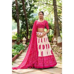 Dola bandhej ผ้าไหมพิมพ์ลาย lehenghala choli ชุดปาร์ตี้และงานแต่งงานที่เย็บอย่างทันสมัยสำหรับ Diwali คอลเลกชันใหม่ - Product Image 1