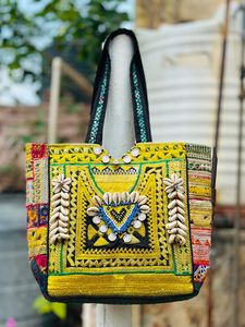Bohemian Embroidered Cotton Tote <b>Bag</b> With Shell And Mirror Work Panelled Design For Women Shopping - Product Image 3