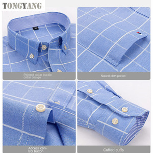 TONGYANG Oxford Men Fashion 100% Cotton Thin Long Sleeve Casual Slim Solid Color <b>Plaid</b> Print Stripe Formal Dress <b>Shirt</b> Plus Size - Product Image 6