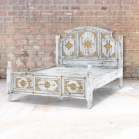 Lit double en bois de manguier massif sculpté, finition blanc vieilli, style rustique moderne, fait main, meubles de maison
