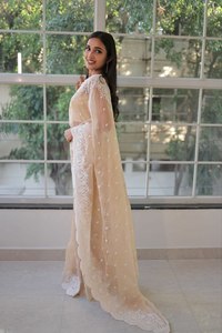 Sari en soie Georgette douce de haute qualité avec bordure en dentelle imprimée brodée en fil blanc pour mariage et fête - Product Image 4