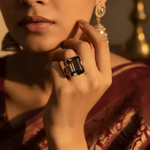 Women's Handmade Boho <b>Statement</b> <b>Ring</b> 925 <b>Silver</b> with Smoky Quartz Square Topaz Stone Platinum Cut Gift Jewelry - Product Image 3