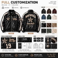 Blouson Bomber en Cuir Personnalisé avec Logo, Manches à Rayures de Course, Applique Étoile, Broderie Script, Fermeture Éclair Avant – Fabricant OEM